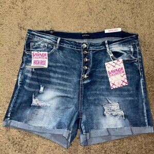 Savage Collection High Waist Distressed Denim Shorts - Blue